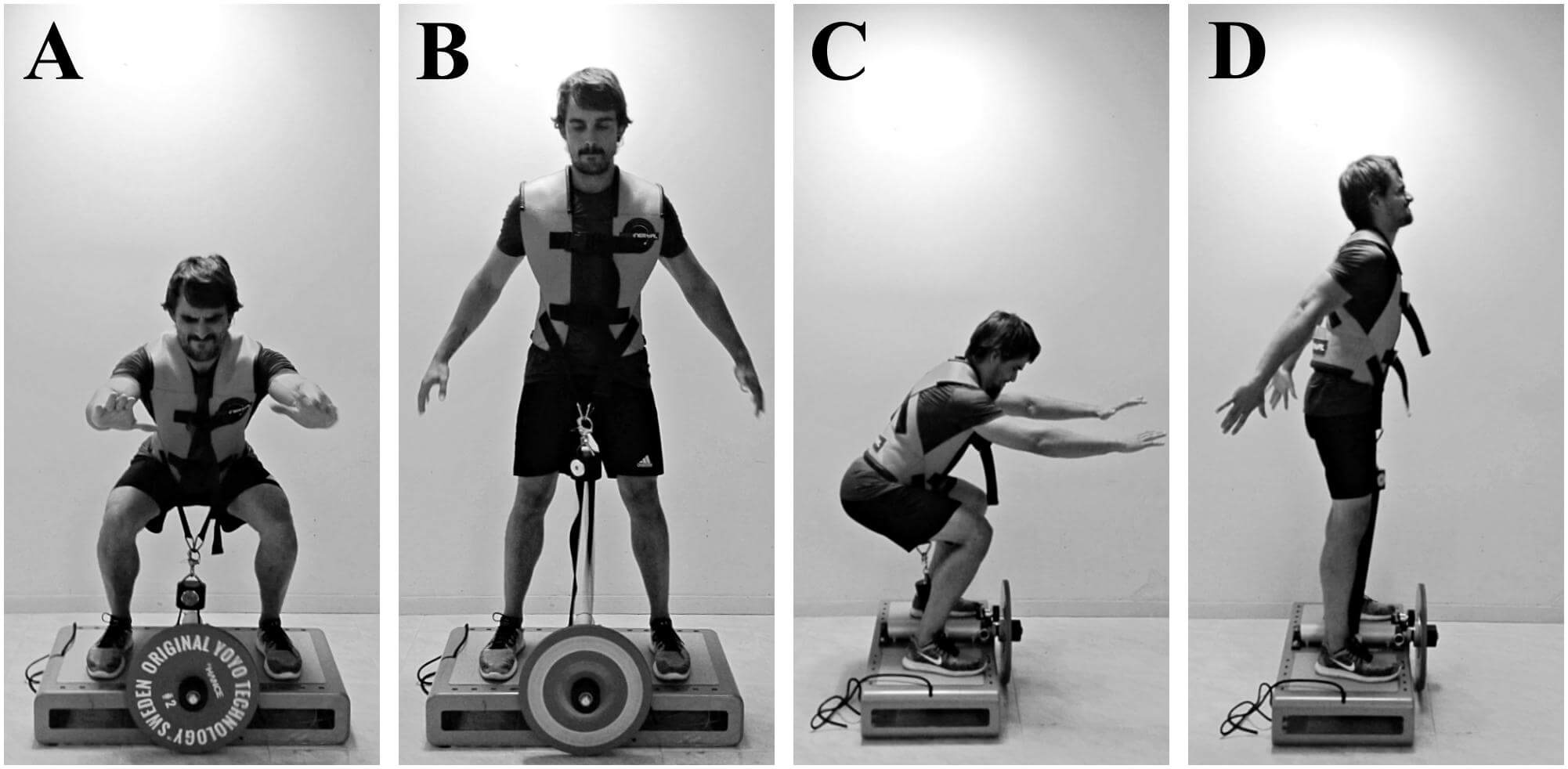 FIGURE 1. Concentric–eccentric bilateral half-squats performed on a “YoYo squat” inertial flywheel device; anterior view (A,B), lateral view (C,D).