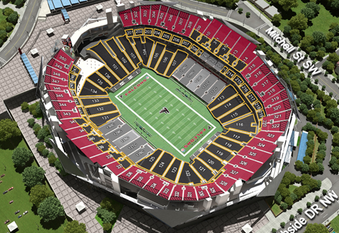 Mercedes Benz Stadium virtual map. Dark grey: premium seats. Light grey: «founders» VIP premium. This space taken from the stands does not reduce the number of standard seats since visibility from the back and corners is guaranteed. The asymmetry is significant if we compare segments 101 to 103 with segments 117 to 121.